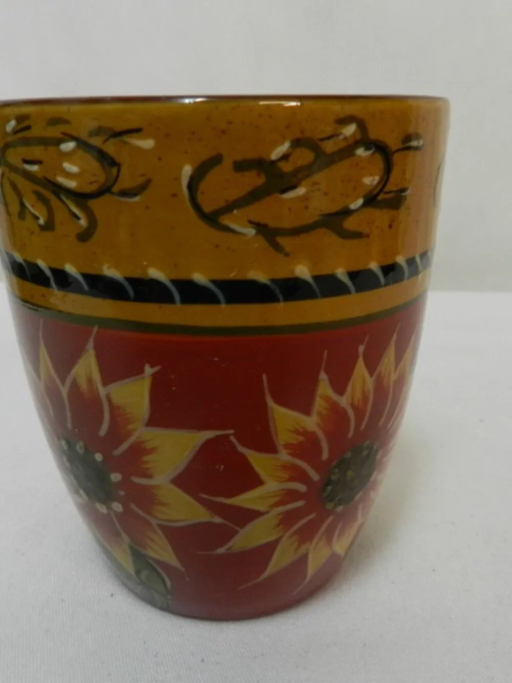 Pier 1 One Sunflower Hand painted Terracotta Mug Cup Set 3 floral Vintage